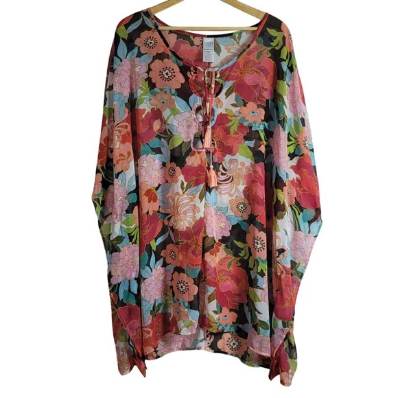 Time and Tru Swim Cover Up Multicolor Size 20 2X Sheer Floral Lace Up Pullover - Picture 1 of 5